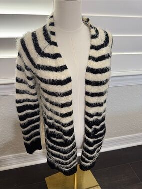 Rewind Black and White Striped Fuzzy Open-Front Cardigan